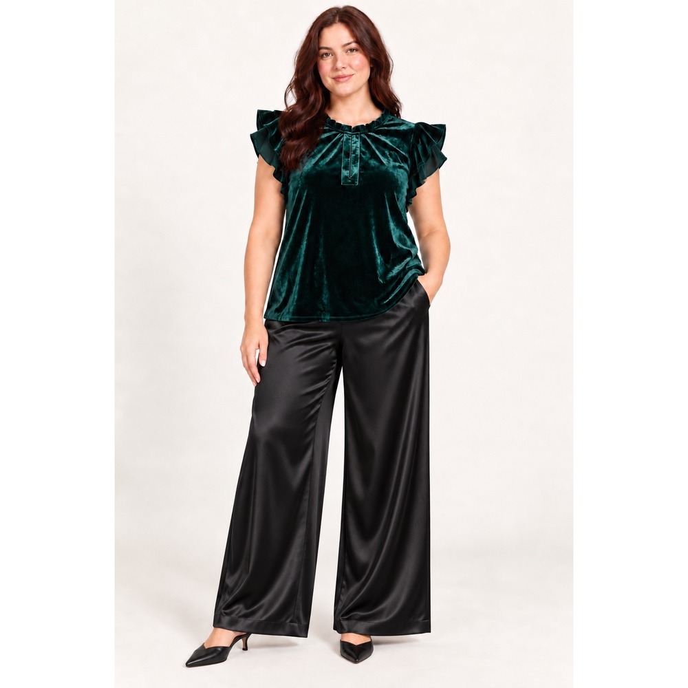 CeCe Velvet Blouse Women's XL Emerald Green Ruffle Flutter Sleeve Holiday